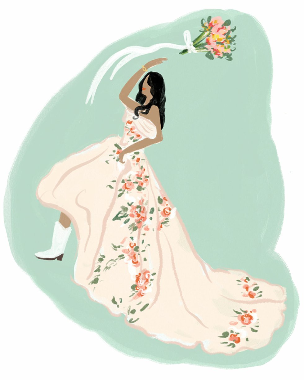 illustration of a bride tossing a bouquet